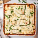 Zucchini lasagna in a 9x9 baking pan.