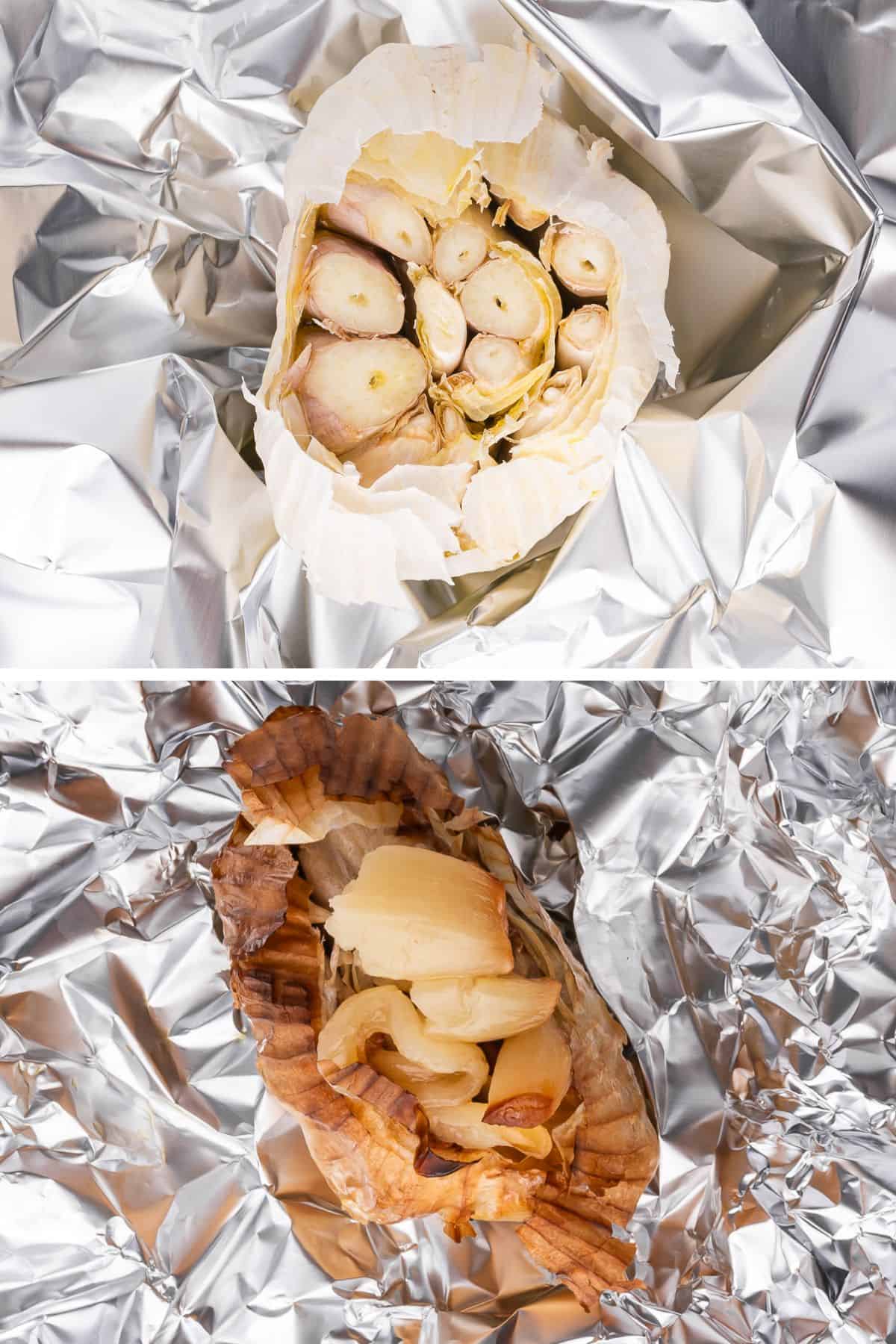 Garlic is wrapped in foil and then roasted.
