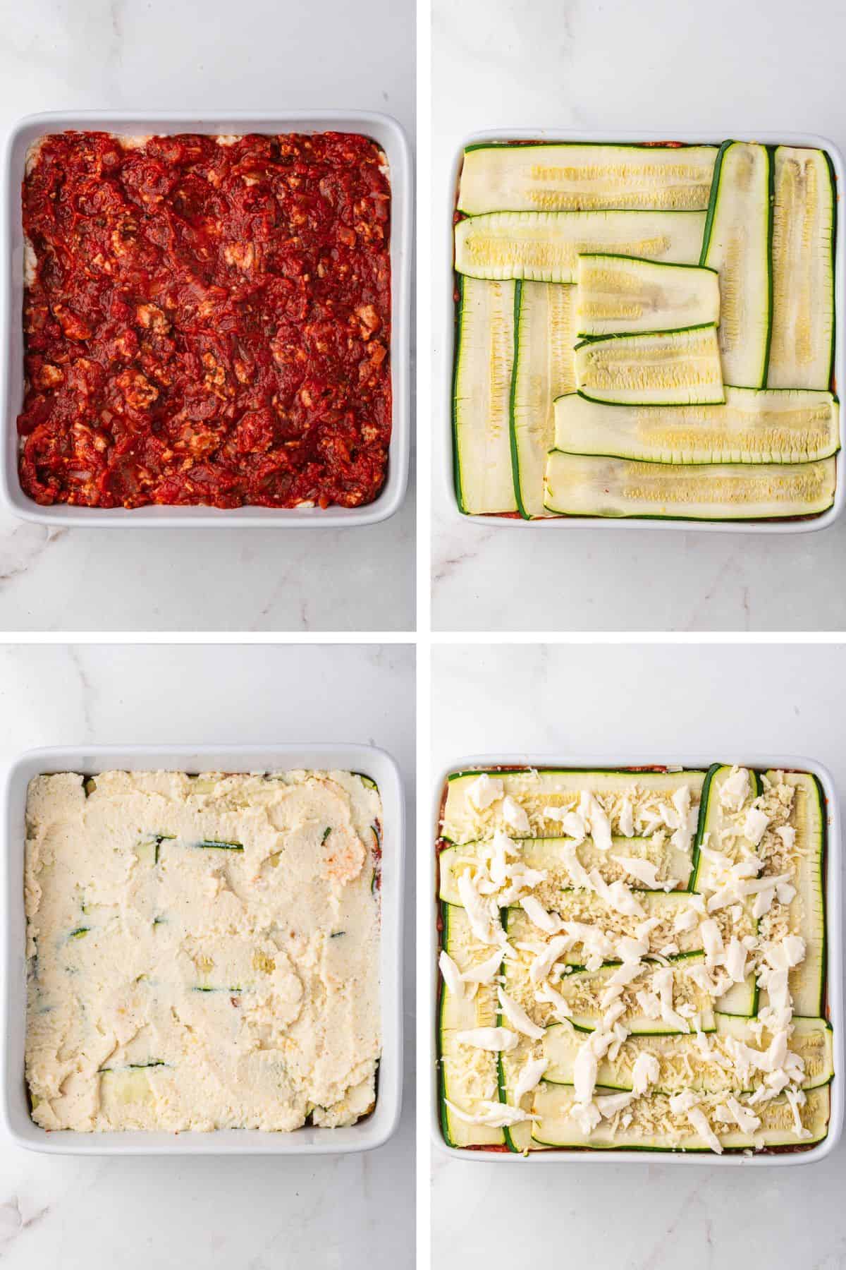 The lasagna is assembled in layers of turkey tomato sauce, zucchini strips, ricotta mixture, then repeated and then topped with parmesan and mozzarella.
