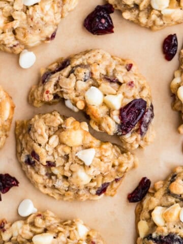 Oatmeal cookies with dried cranberries and white chocolate chips.