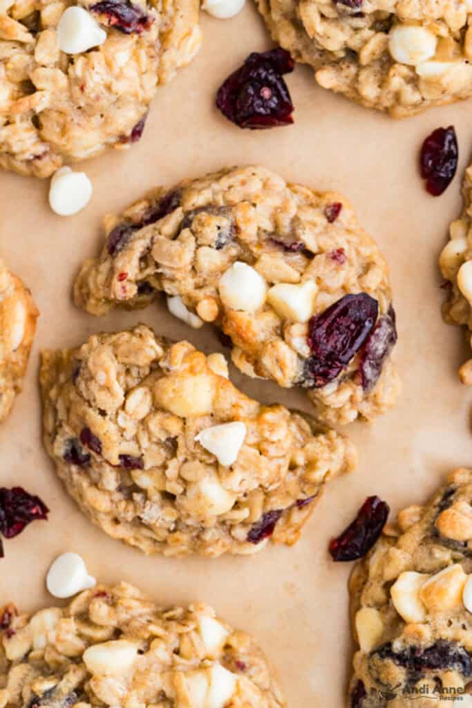 Oatmeal cookies with dried cranberries and white chocolate chips.