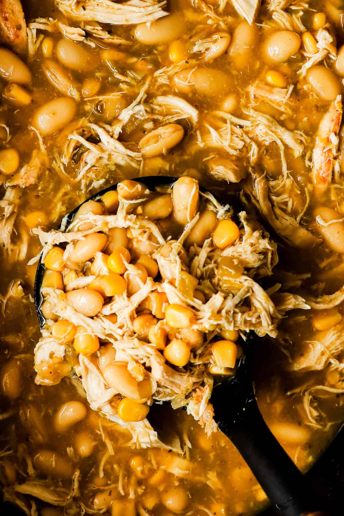 A close-up of a ladle of white chicken chili.