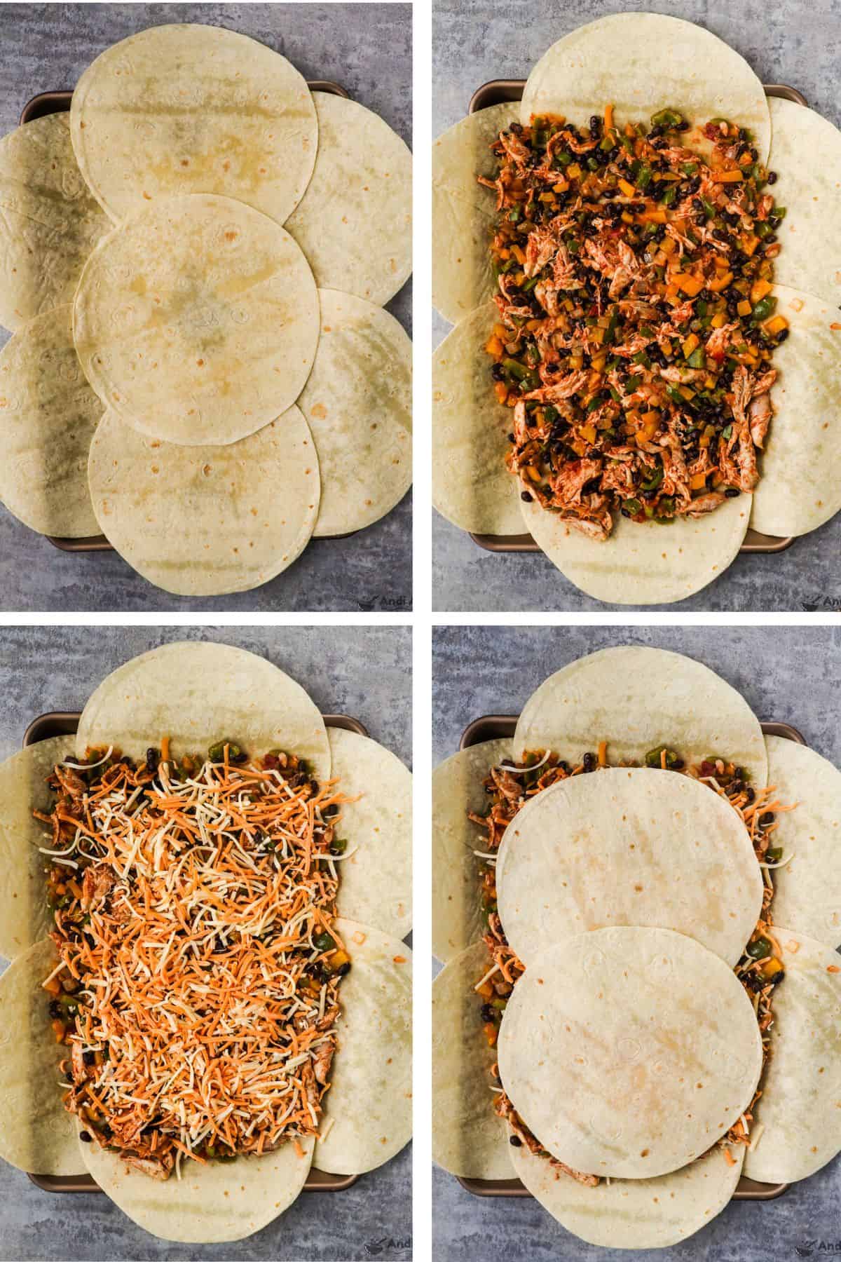 four images of stages of assembling sheet pan quesadillas with tortillas and filling