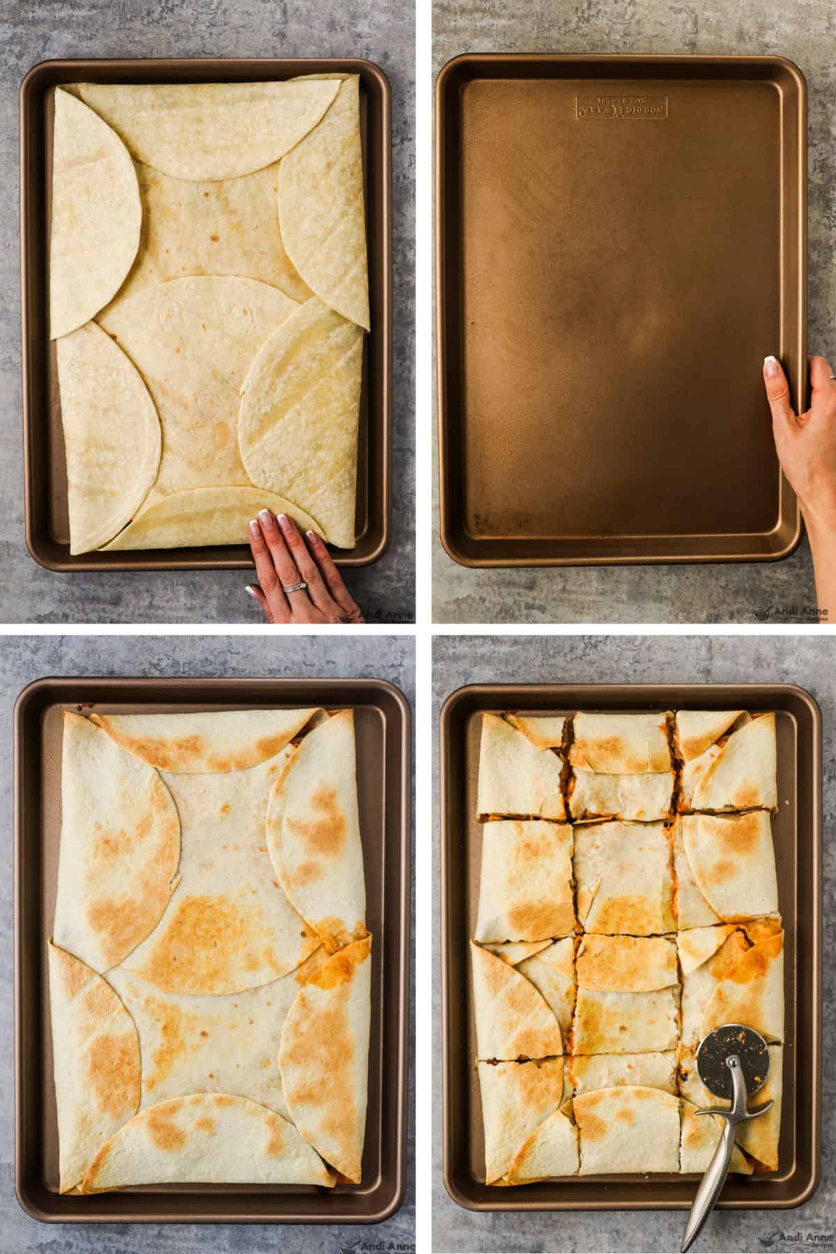 four images of sheet pan quesadillas with tortilla edges folded over, sheet pan on top and then cooked and sliced