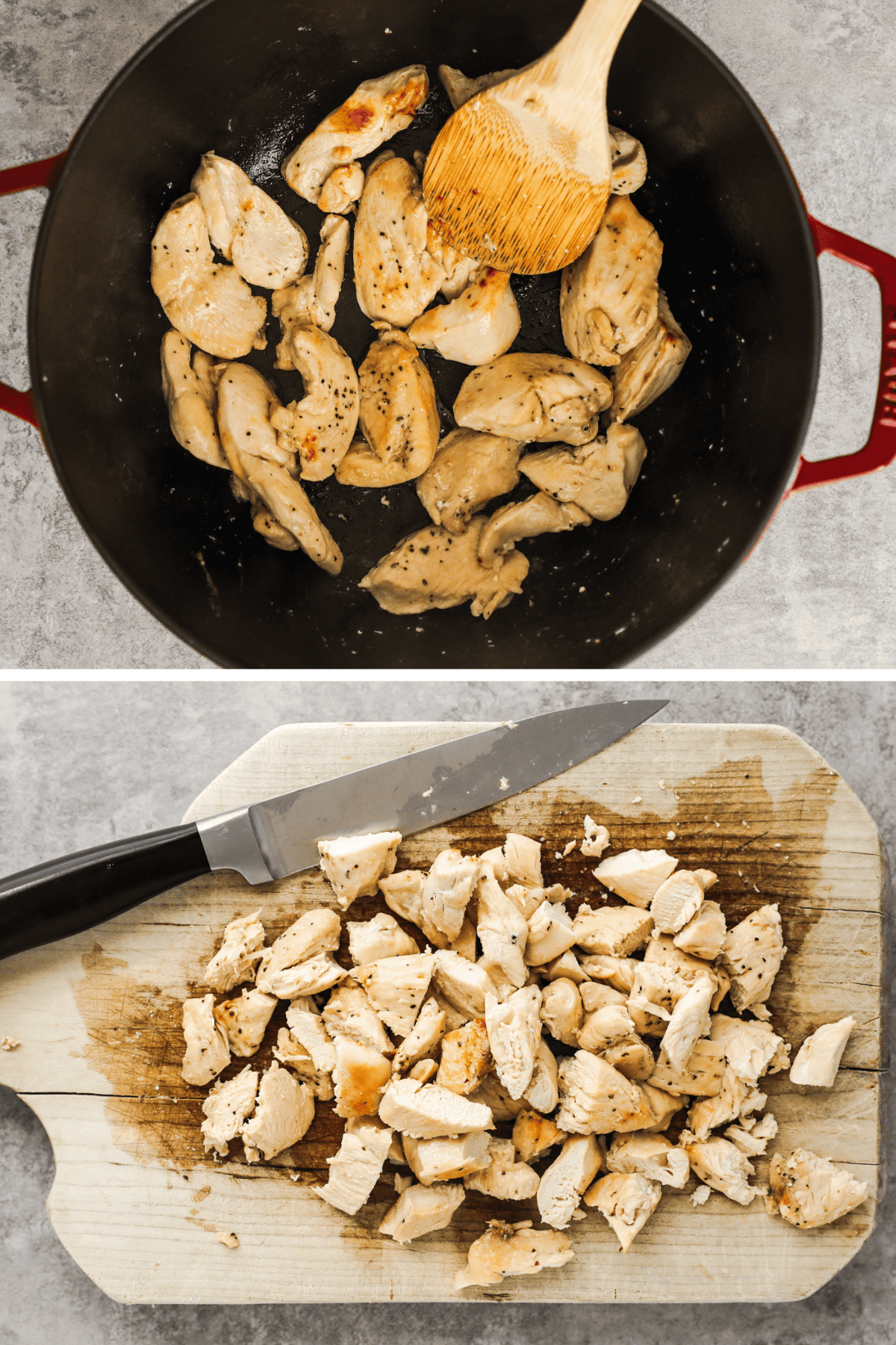 Chicken breasts are cooked in a skillet and then cut into bite-sized pieces on a cutting board.