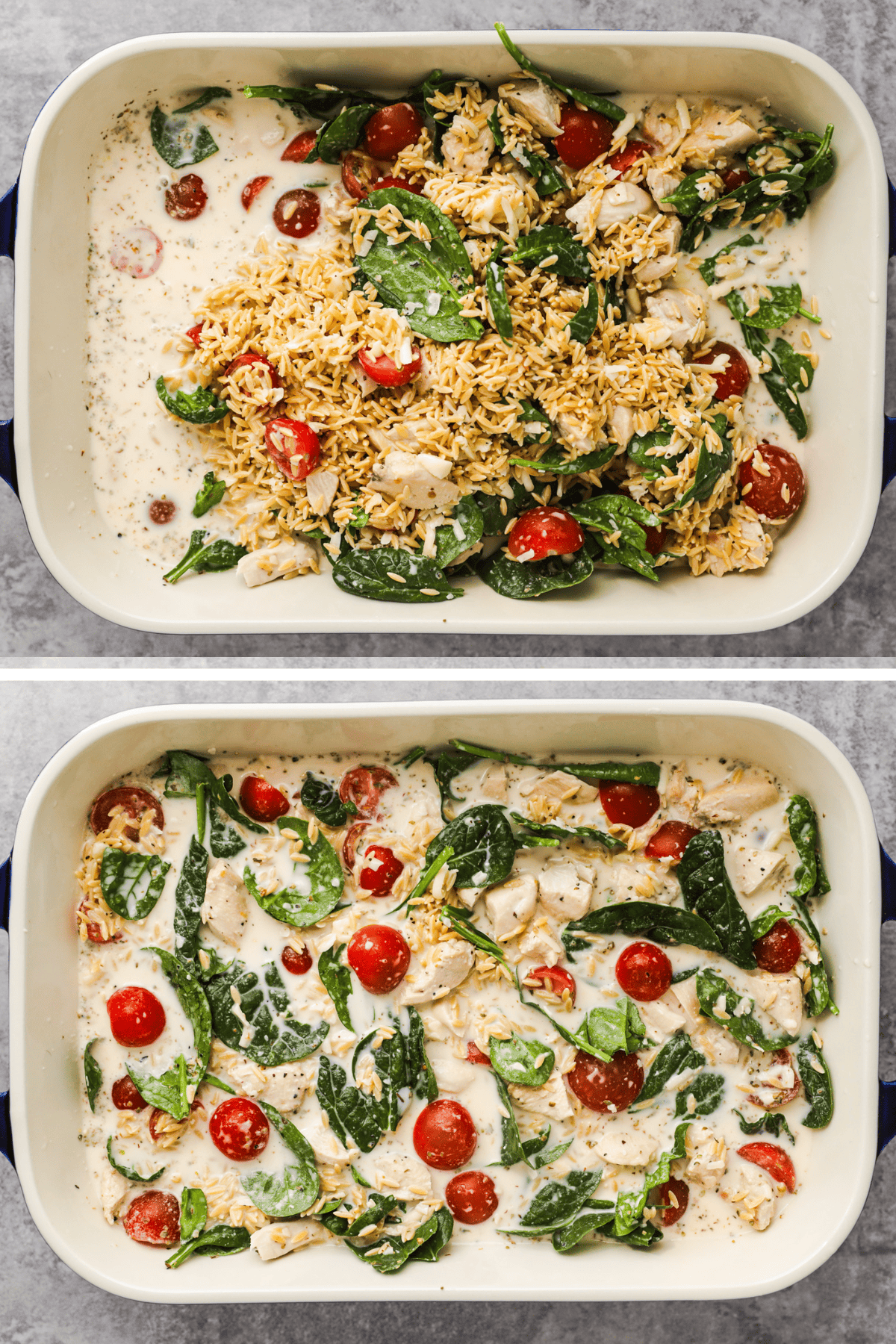 Diced chicken, cream, chicken broth, uncooked orzo, spinach, and halved grape tomatoes are mixed together in a casserole dish.