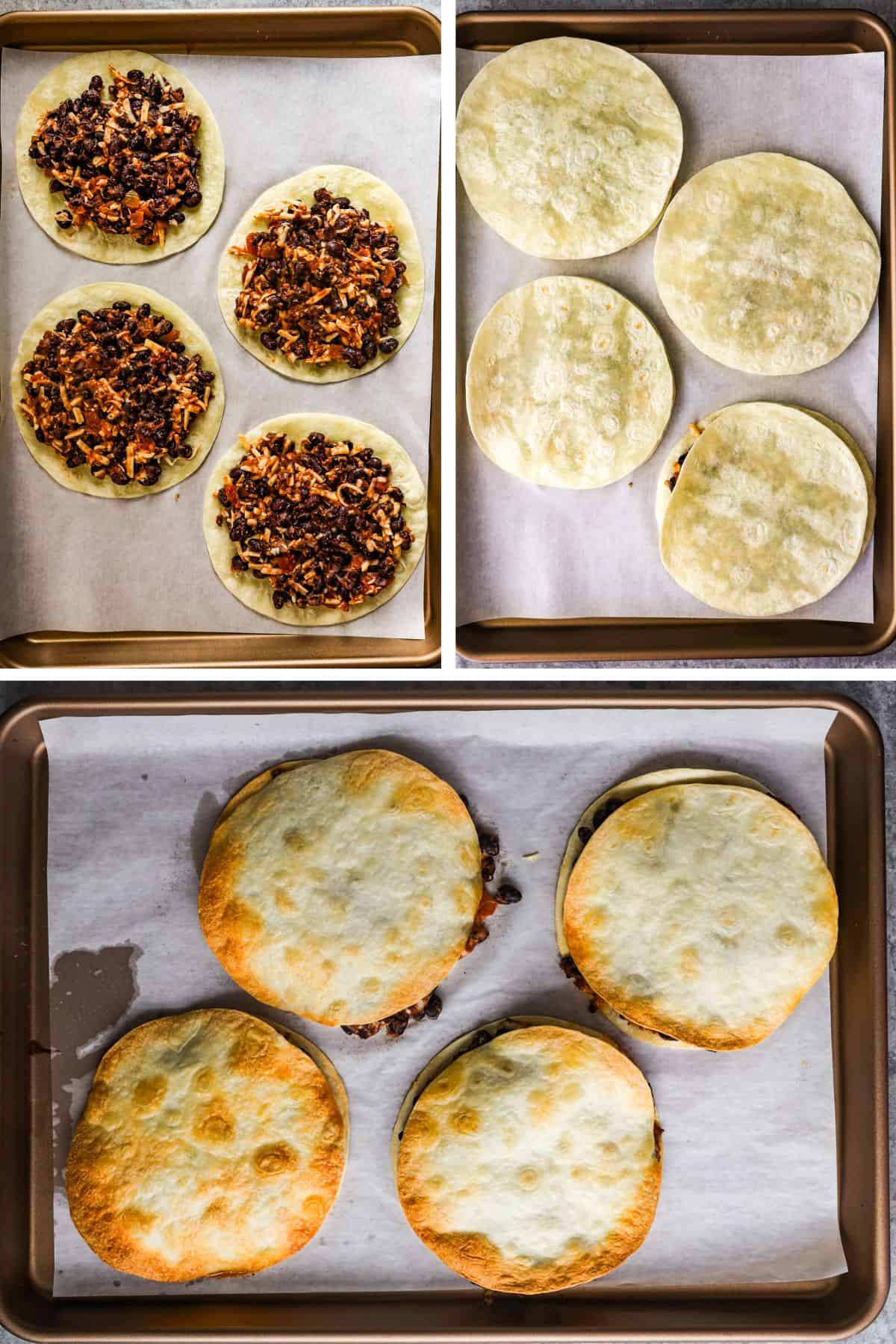 A mixture of black beans, cheese, and salsa on a flour tortilla, then another tortilla is placed on top and baked until crispy.