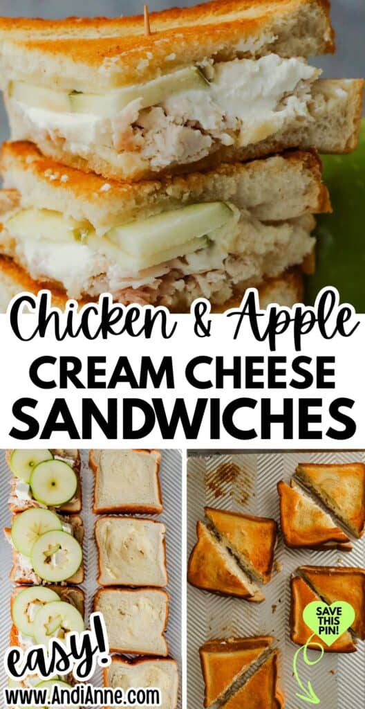 chicken apple cream cheese sandwiches stacked and in different stages of making
