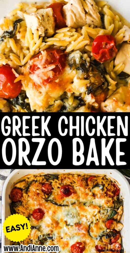 greek chicken orzo bake recipe in a casserole dish