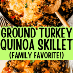 Ground turkey, quinoa, black beans, salsa verde, and melted cheese in a skillet and on a plate with a fork.