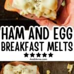 Tray of golden ham, egg and cheese toasts on a black baking sheet, with bubbly melted cheese and crispy edges.