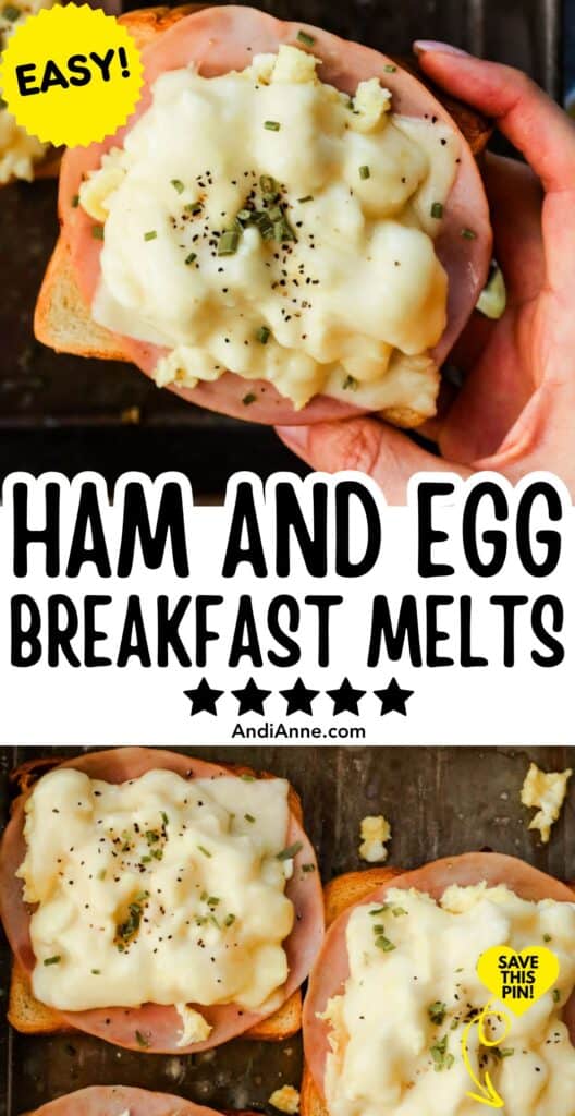 Tray of golden ham, egg and cheese toasts on a black baking sheet, with bubbly melted cheese and crispy edges.