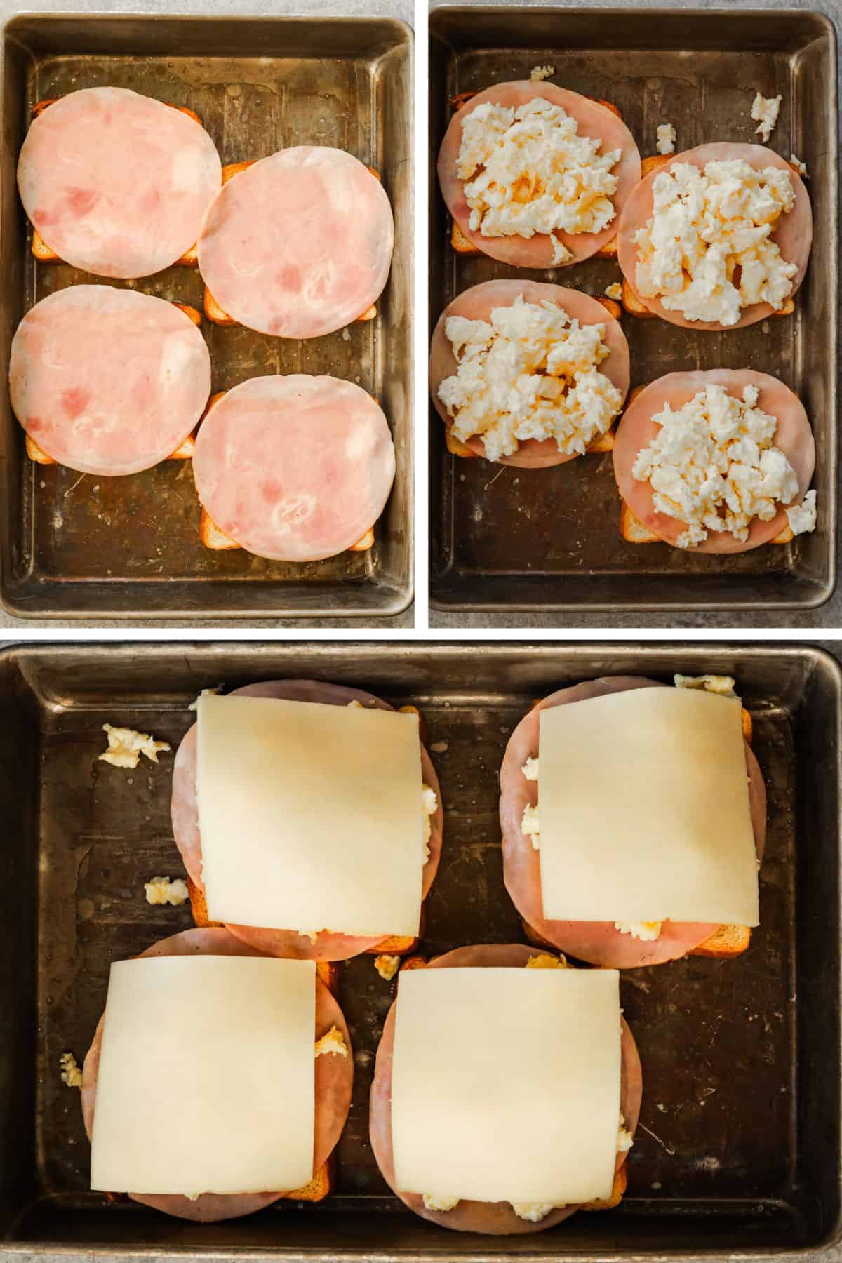 Toast is topped with a slice of ham, then a scrambled egg, and then a slice of mozzarella cheese.