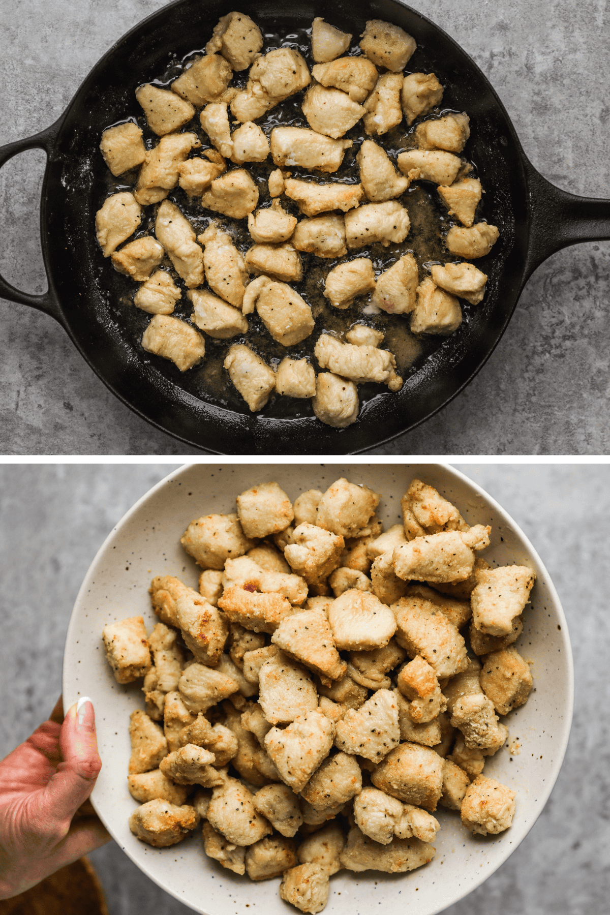 The chicken pieces are cooking in a frying pan, then placed in a bowl and set aside.
