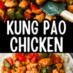 Diced chicken, bell peppers, and corn are cooked in a Kung Pao sauce, then the Kung Pao chicken is plated on a bed of rice and topped with sesame seeds.