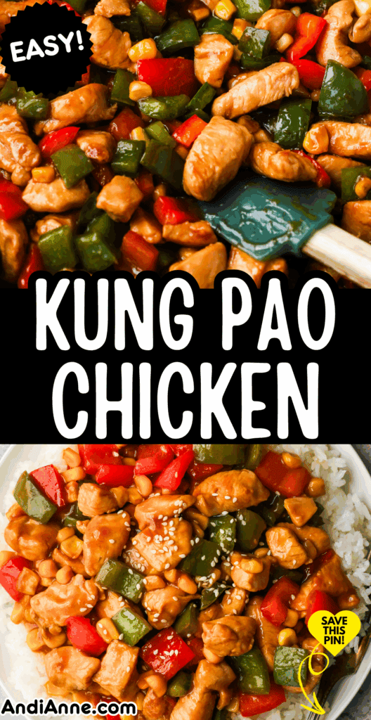 Diced chicken, bell peppers, and corn are cooked in a Kung Pao sauce, then the Kung Pao chicken is plated on a bed of rice and topped with sesame seeds.