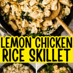 Chicken, rice, cauliflower, and spinach in a skillet with lemon zest and juice, the lemon chicken and rice before the spinach was added, then the spinach is added to the lemon chicken, rice, and cauliflower.