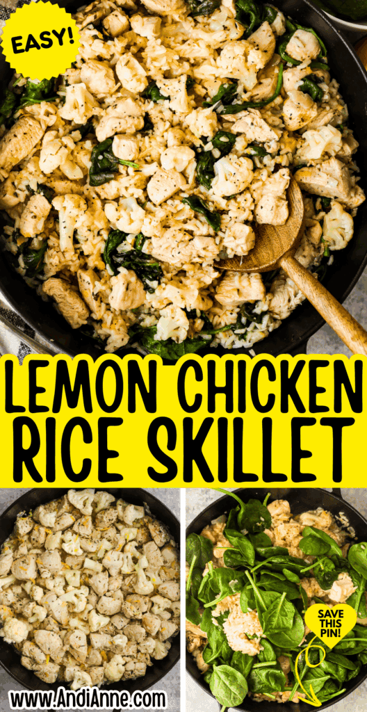 Chicken, rice, cauliflower, and spinach in a skillet with lemon zest and juice, the lemon chicken and rice before the spinach was added, then the spinach is added to the lemon chicken, rice, and cauliflower.