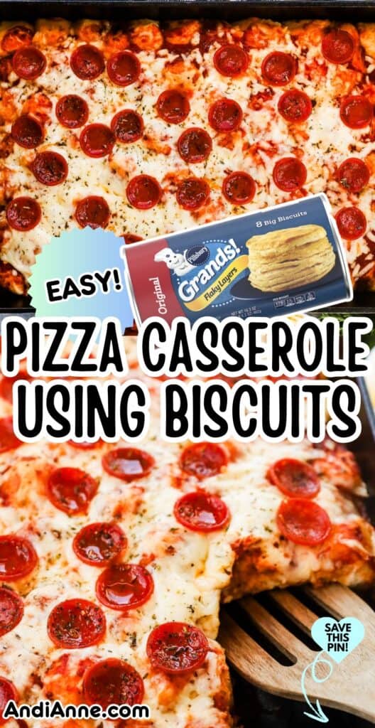 Overhead view of a cheesy pizza biscuit casserole baked in a 9×13 dish with golden mozzarella and mini pepperoni, perfect for easy family dinners.