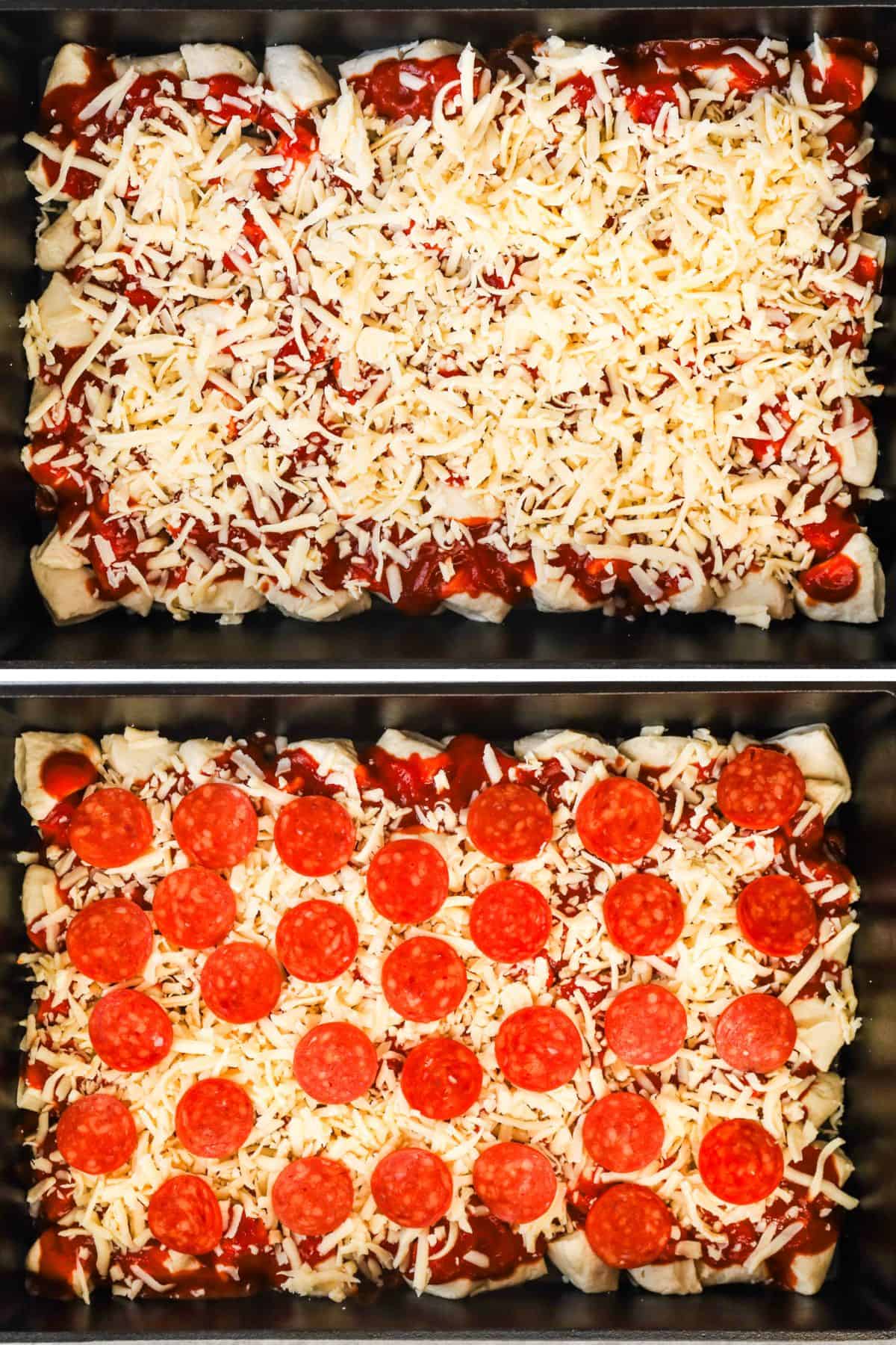 Chopped biscuit pieces with pizza sauce, topped with mozzarella cheese and pepperoni.