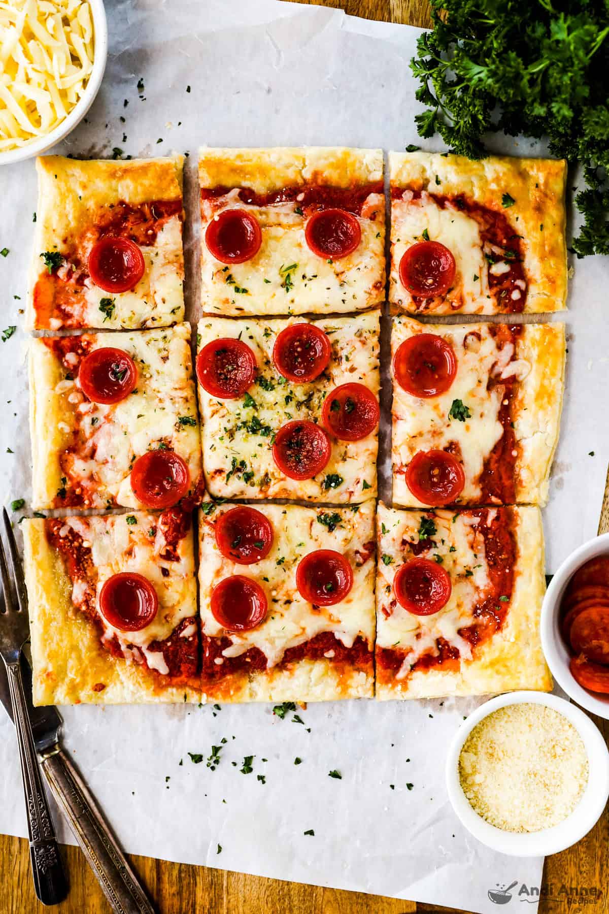 Pepperoni pizza with a puff pastry crust.