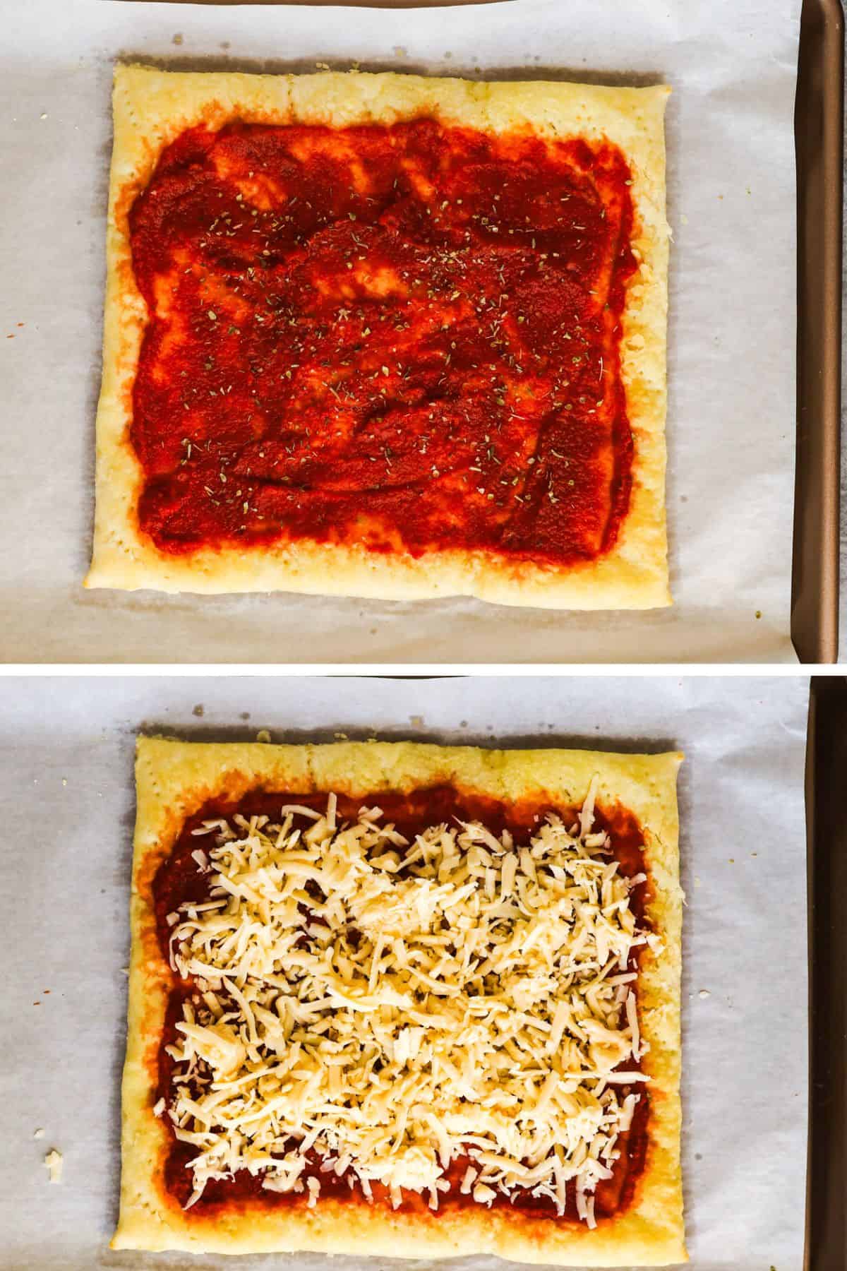 puff pastry pizza first with pizza sauce spread on it, then with shredded cheese sprinkled on top