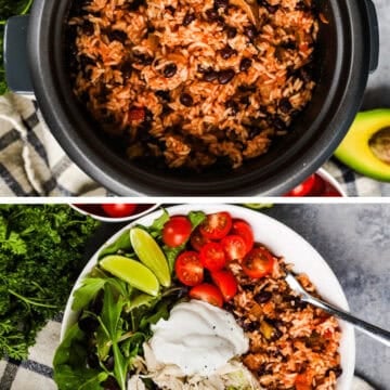 Beans, rice, and spices are cooked together in a rice cooker, then used to make a burrito bowl with tomatoes, avocado, shredded chicken, and leafy greens.