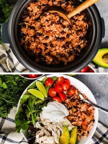 Beans, rice, and spices are cooked together in a rice cooker, then used to make a burrito bowl with tomatoes, avocado, shredded chicken, and leafy greens.
