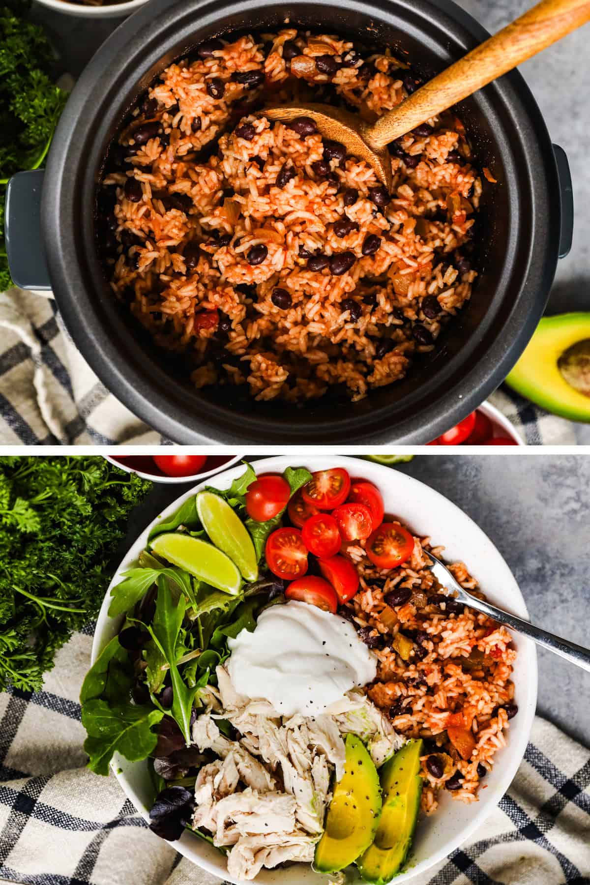 Beans, rice, and spices are cooked together in a rice cooker, then used to make a burrito bowl with tomatoes, avocado, shredded chicken, and leafy greens.