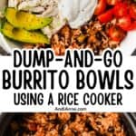rice cooker with burrito rice and bowl with variety of veggies and rice