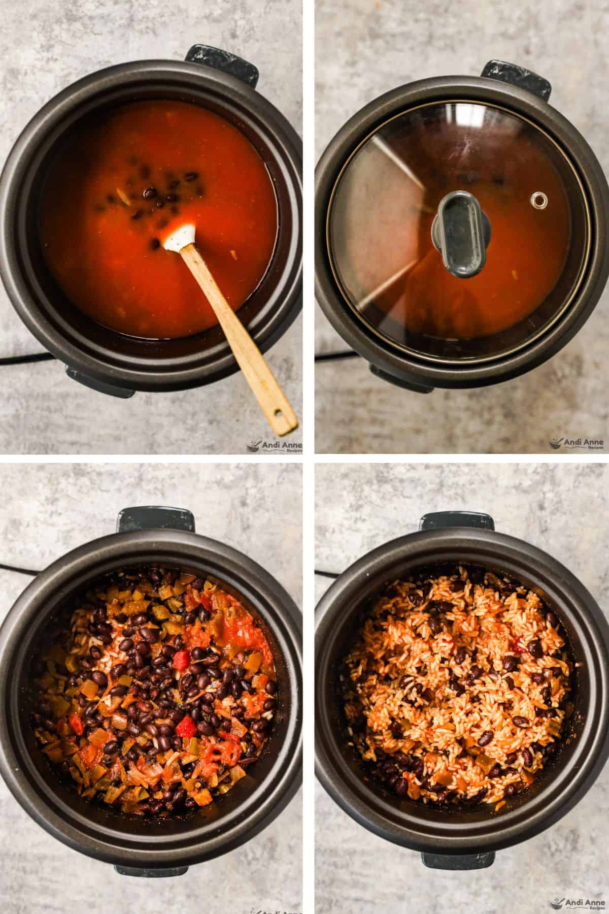 Rice, vegetable stock, black beans, and spices are cooked together in a rice cooker.