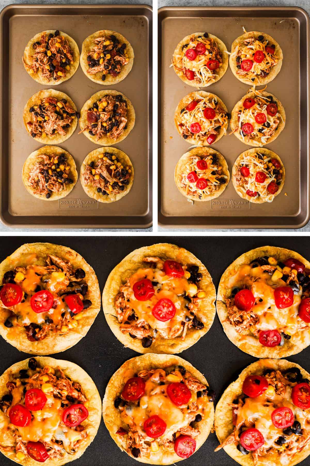 A baking tray with crispy corn tostadas with rotisserie chicken, beans, corn, salsa, and then topped with tomatoes and shredded cheese, and then melted.