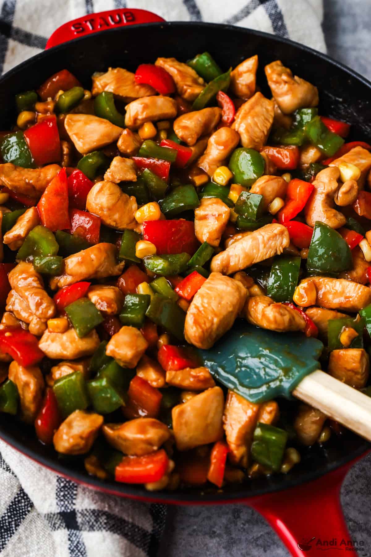 Diced chicken breasts, red and green bell pepper, in a kung pao sauce.