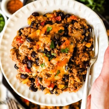 A plate filled with ground turkey, quinoa, beans, salsa, and cheese.