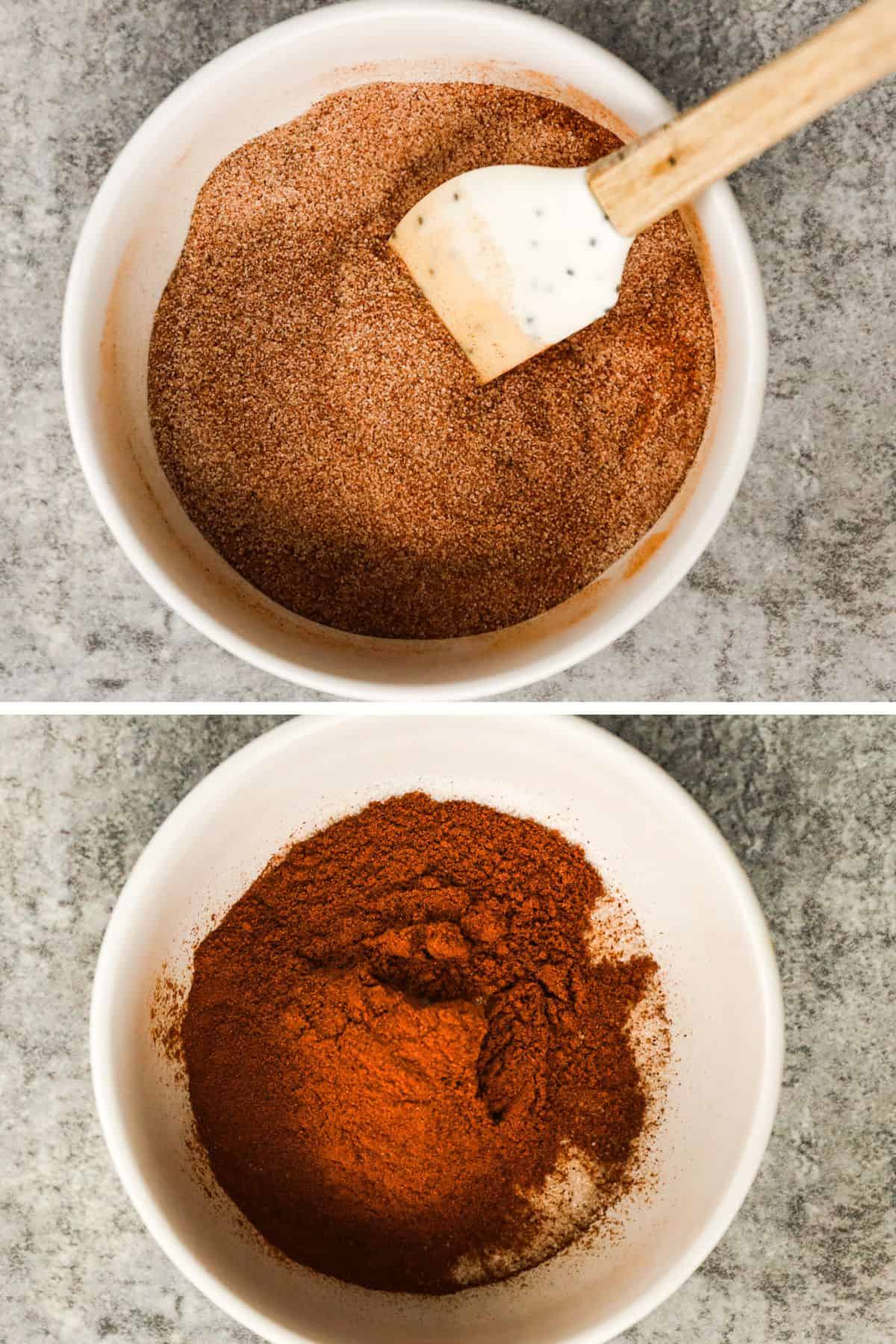 Bowls of sugar and cinnamon, unmixed then mixed