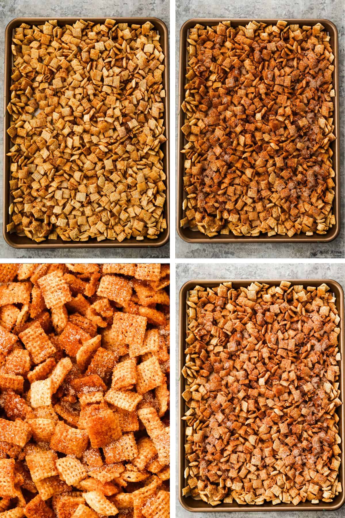 Cinnamon sugar chex mix on a baking tray