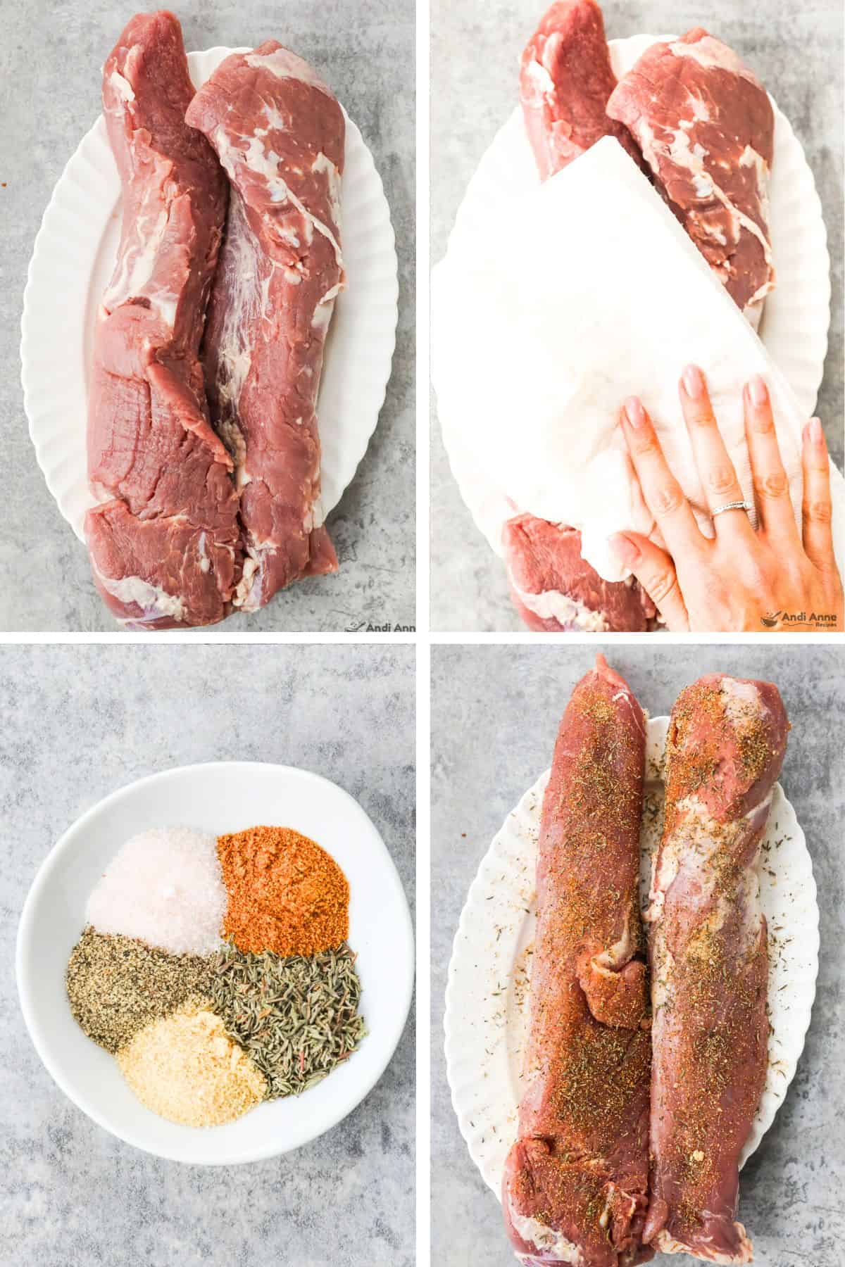 4 images of steps of raw pork tenderloin being seasoned with spices