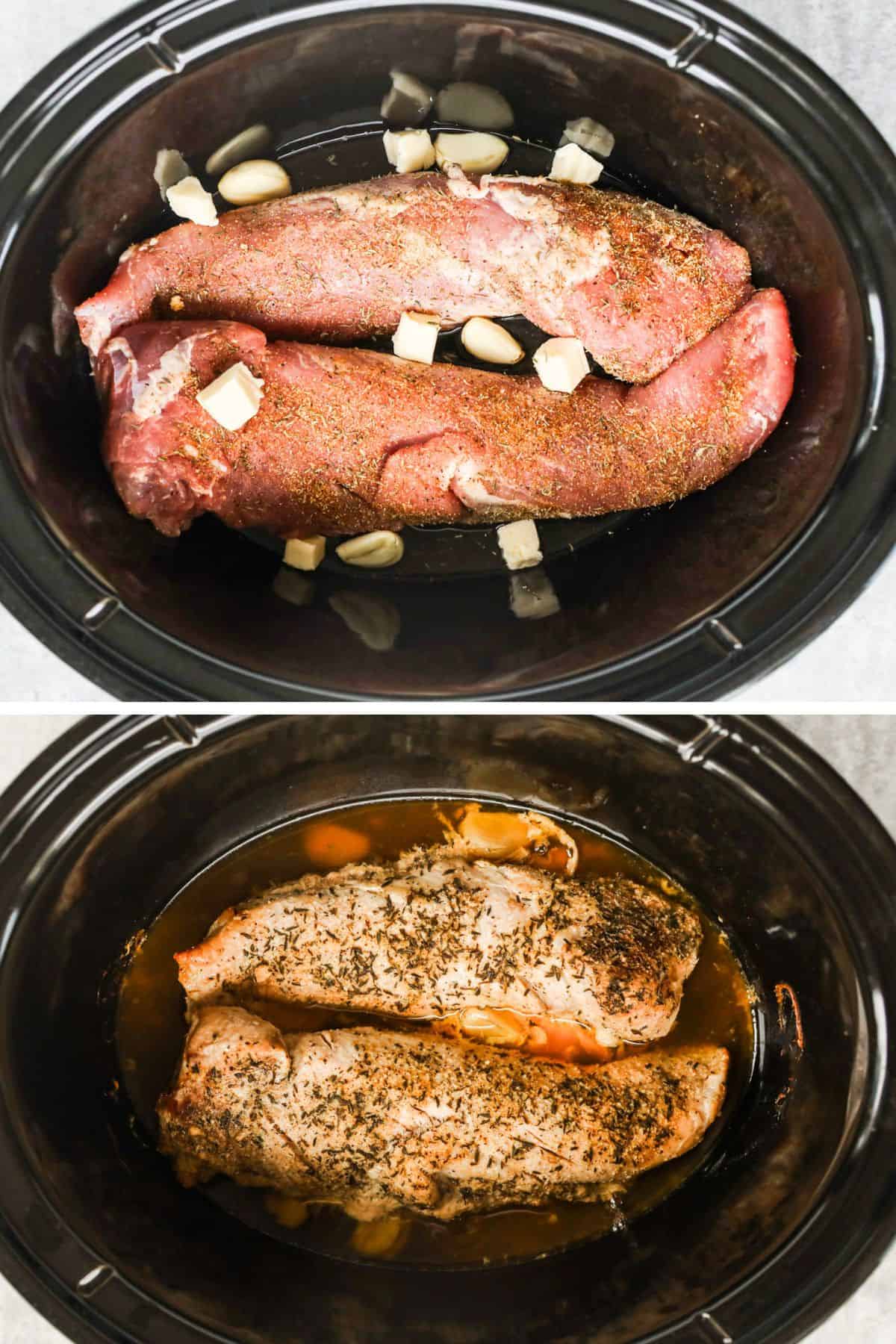 A crockpot first with a raw pork tenderloin butter and spices then a cooked version