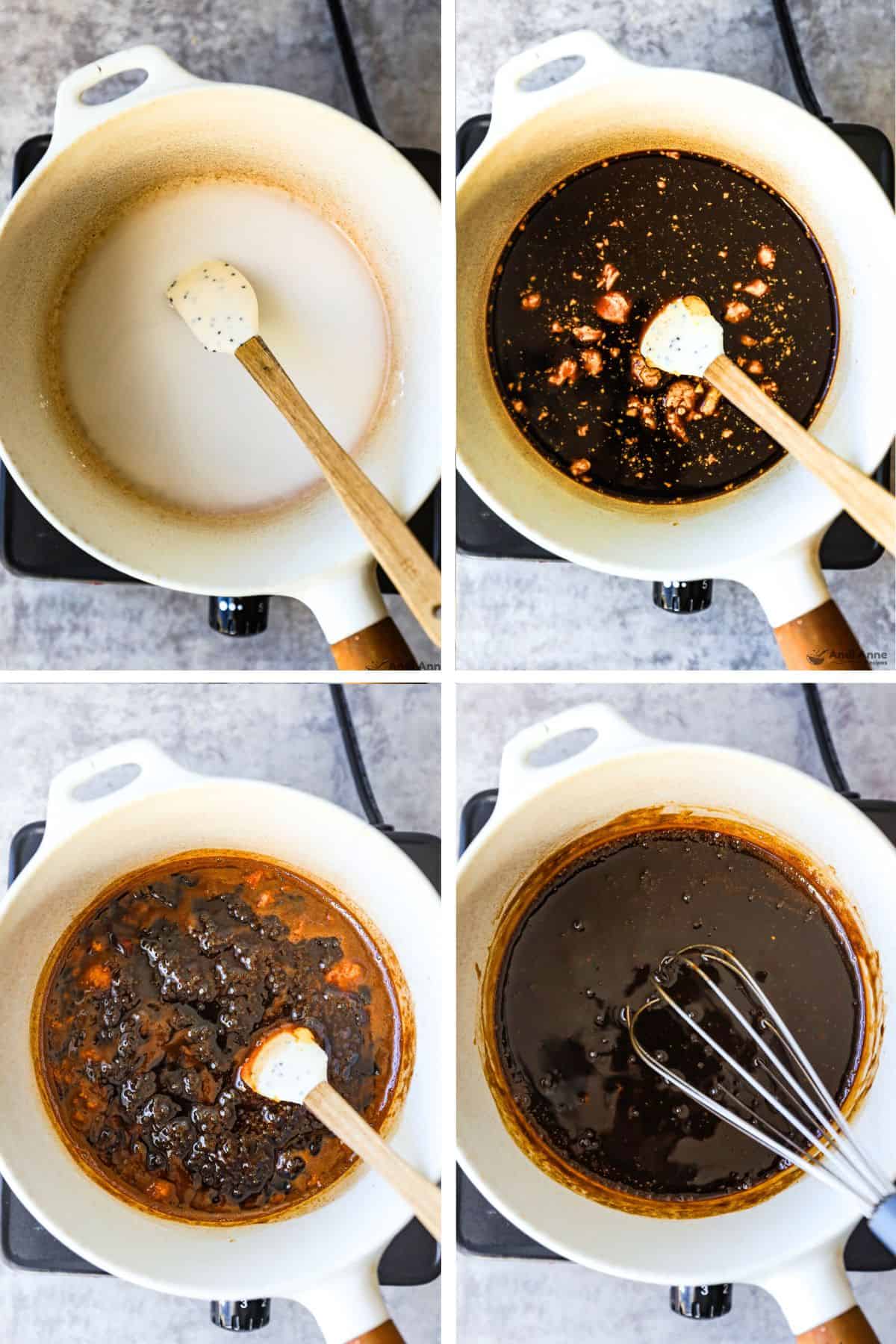 A pot of sauce in various stages of cooking