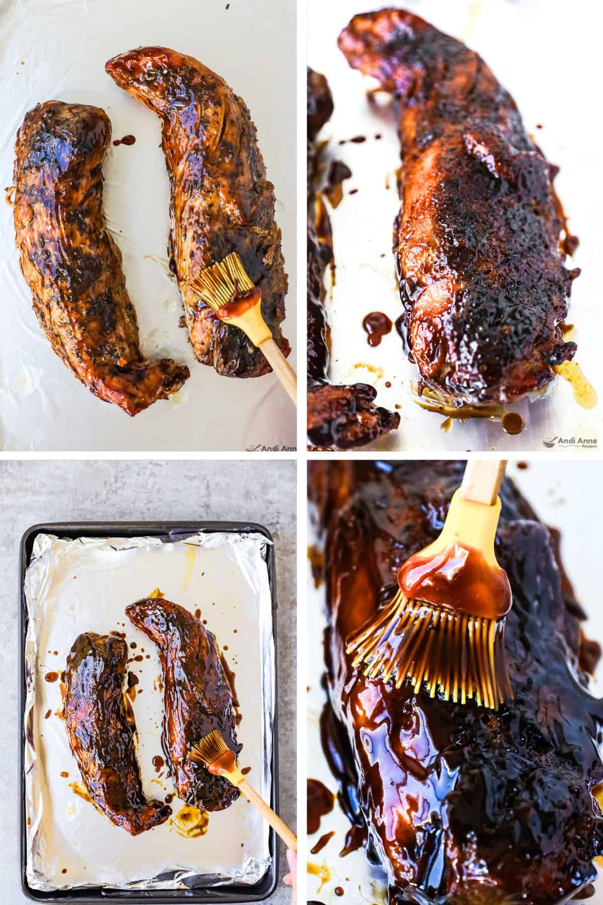 Pork tenderloin on baking sheet being brushed with sauce