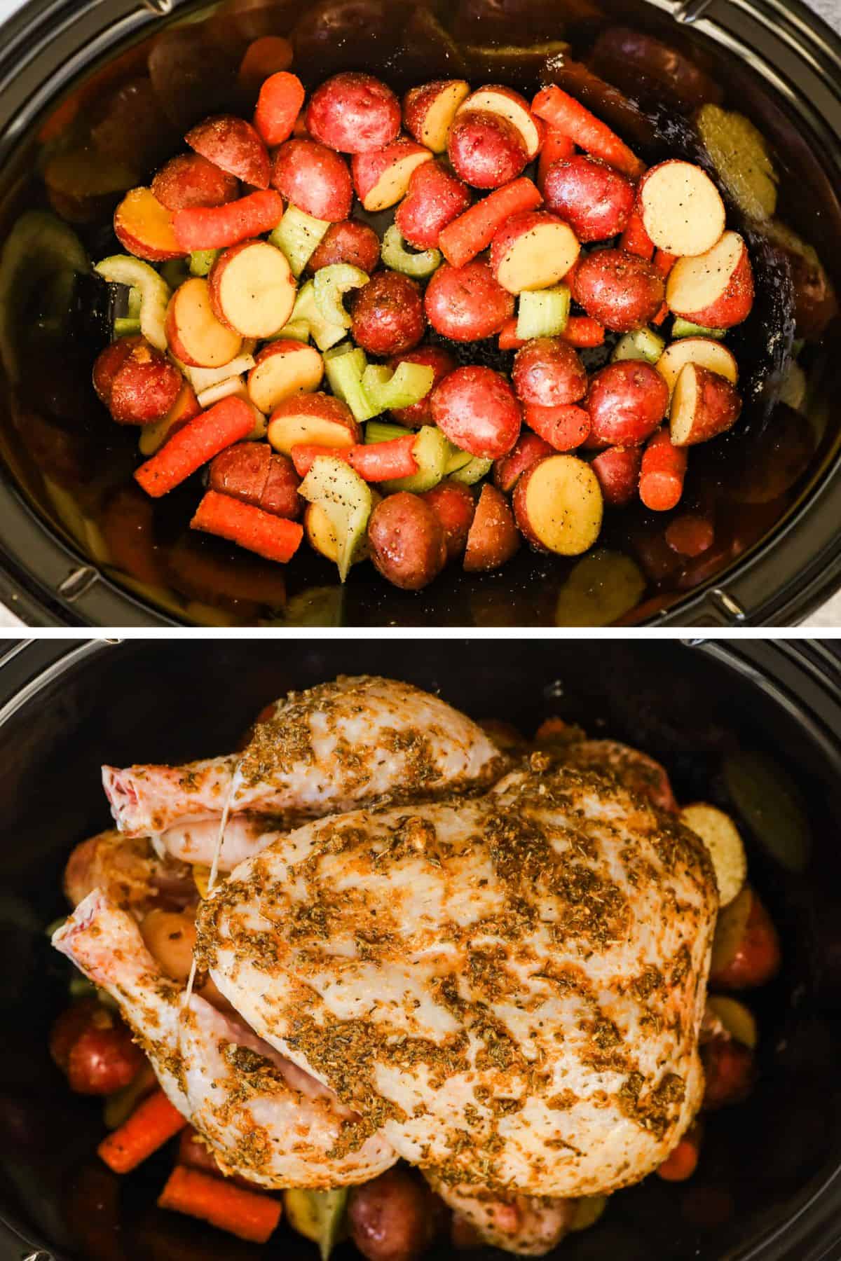 The baby potatoes, carrots, celery, and onion are in the bottom of the slow cooker, then the seasoned chicken is placed on top.
