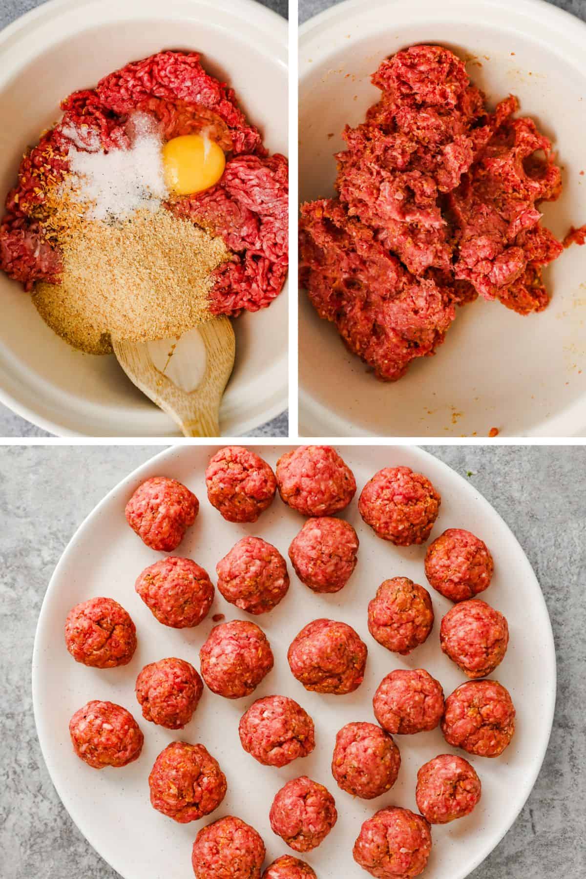 Ground beef, seasonings, breadcrumbs, and eggs are in a bowl and mixed with a wooden spoon until combined. The meat mixture is rolled into small balls.