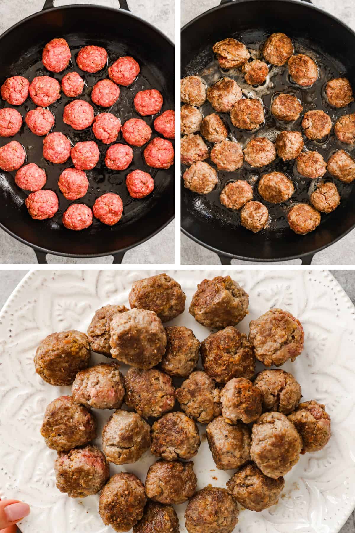 Meatballs are added to a skillet, browned, then placed on a plate.