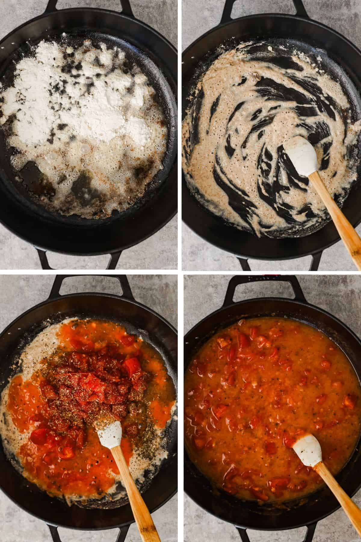 Flour is added to the grease and cooked to make a roux, then the diced tomatoes and seasoning are added and cooked until slightly thicker.