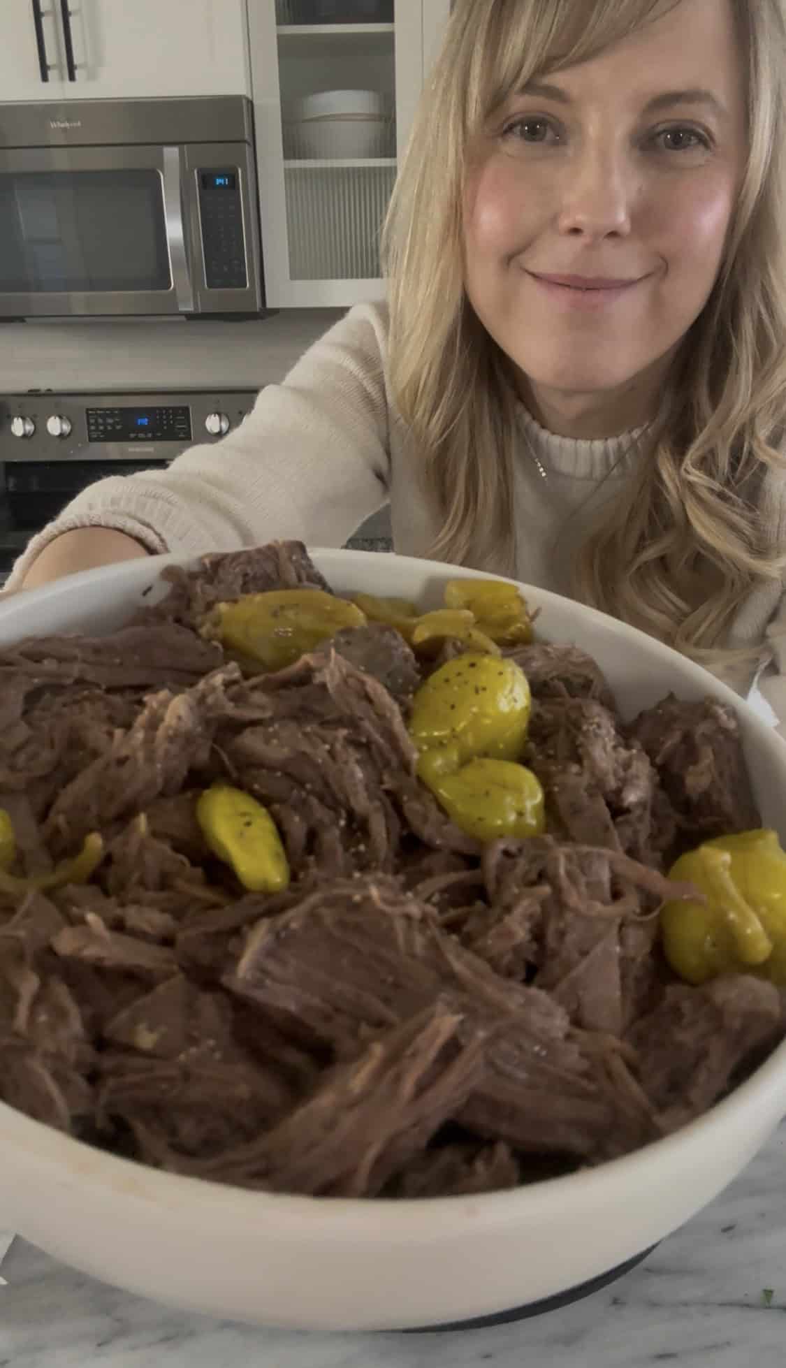 Andi with bowl of mississippi pot roast