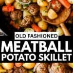 Close up of meatball potoato and veggie skillet