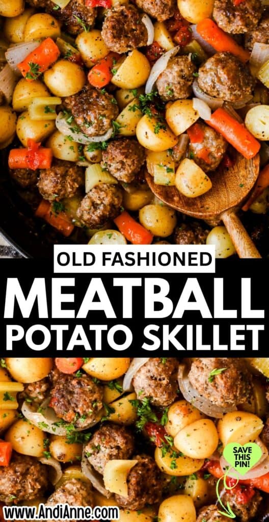 Close up of meatball potoato and veggie skillet