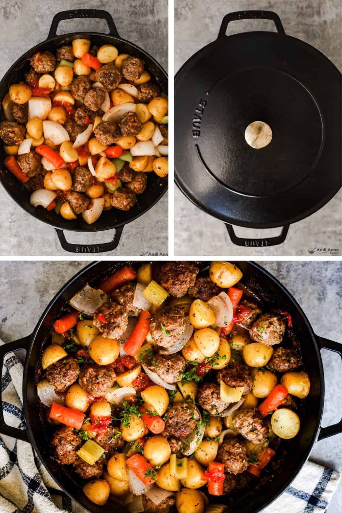 A braiser filled with meatballs, potatoes, onions, and carrots in thick tomato gravy, then covered with the lid for baking.