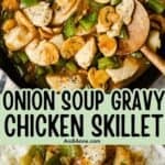 close up of onion soup gravy chicken skillet