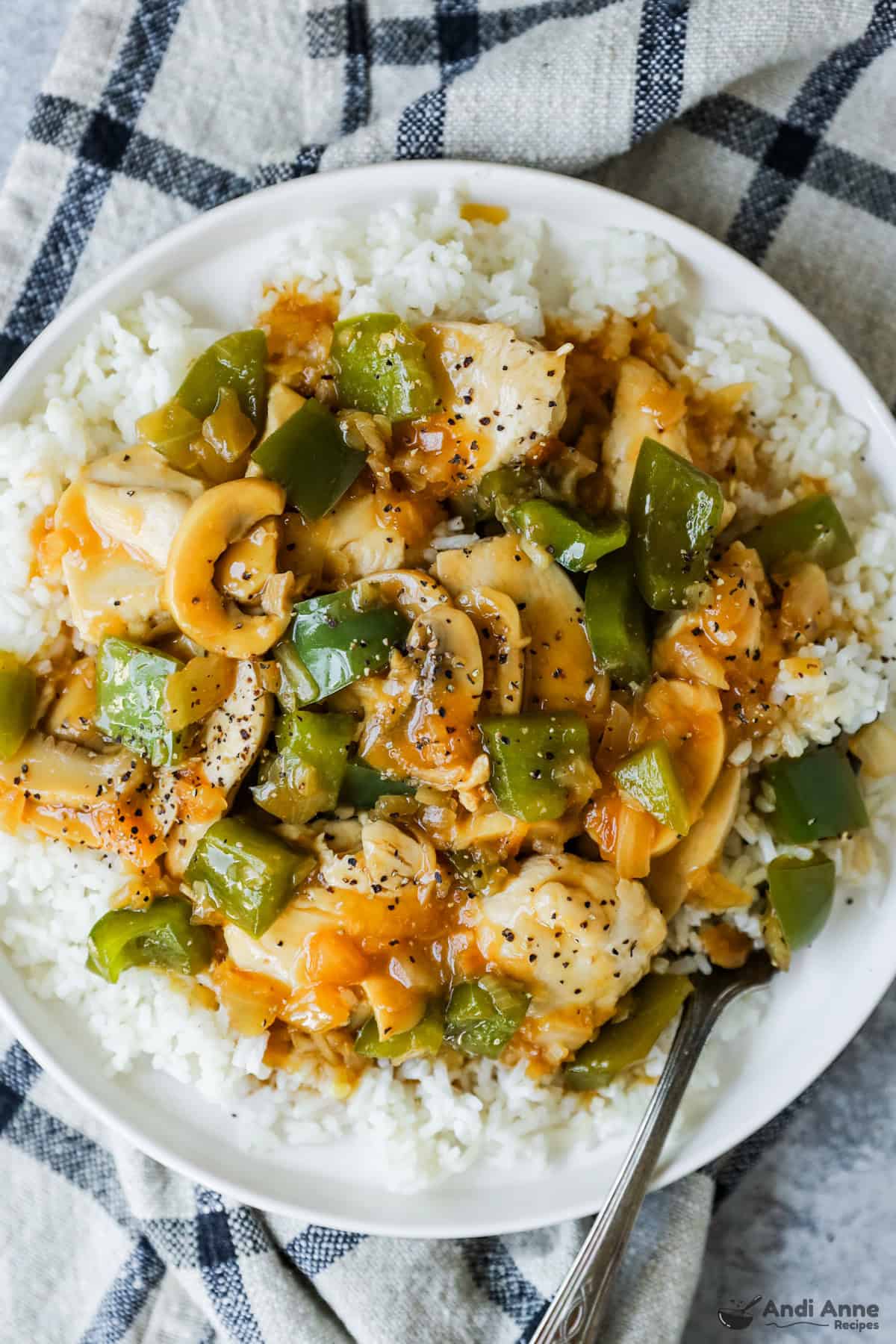 Chicken, mushrooms, and green bell peppers in an onion soup gravy on a bed of rice.